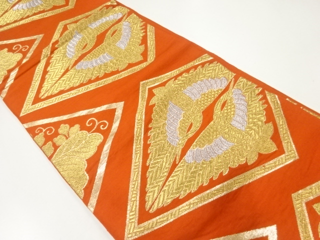 JAPANESE KIMONO / ANTIQUE FUKURO OBI / SILK / WOVEN RHOMBUS & CRANE